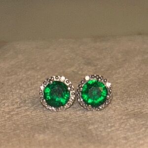 Round Green Emerald Moissanite Halo Stud Earrings - Sterling Silver